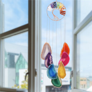 Handmade Rose Gold Tree of Life Chakra Wind Chime with Seven Crystals & Agate Slice