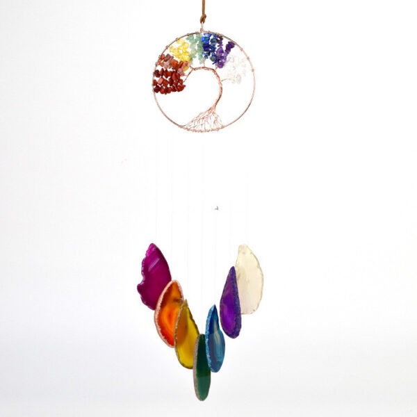 Handmade Rose Gold Tree of Life Chakra Wind Chime with Seven Crystals & Agate Slice - Image 2